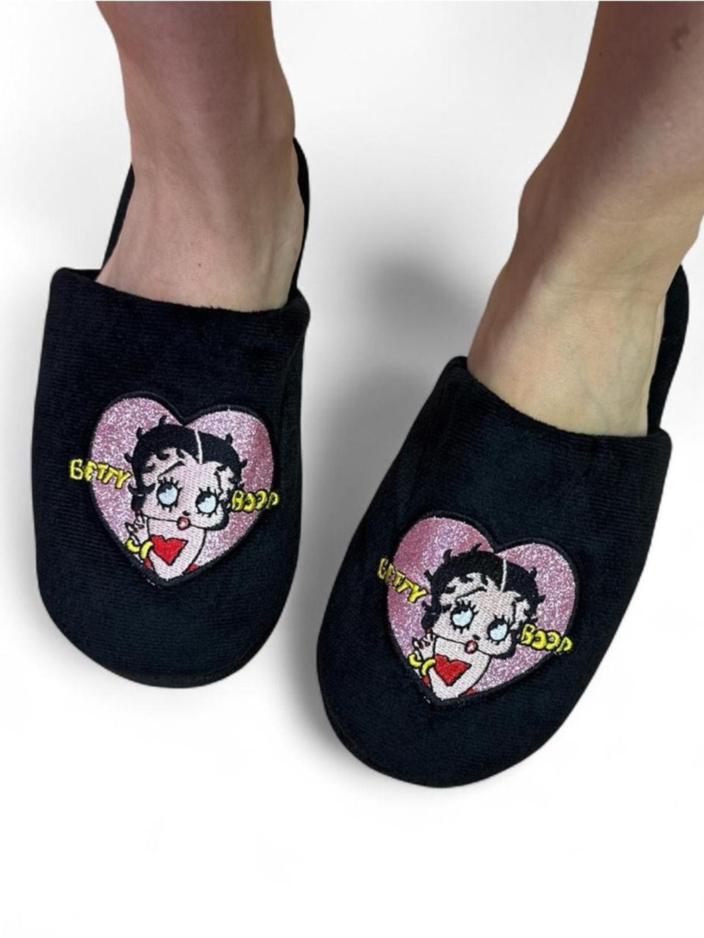 Y2k Black and Pink Glitter Betty Boop Heart Slip-On Slippers